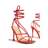Myquees Lace-Up Open Squared Toe Thong Strap Heels