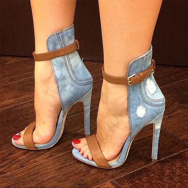 Myquees Denim Cloth Open-Toe Ankle Strap Stiletto Heels