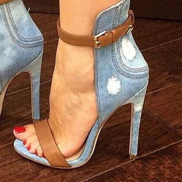 Myquees Denim Cloth Open-Toe Ankle Strap Stiletto Heels