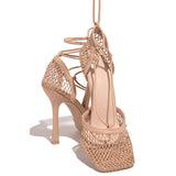 Myquees Fishnet Squared Toe Lace Up Heels