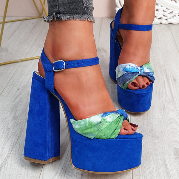 Myquees Ankle Strap Front Bow High Block Heel Sandals