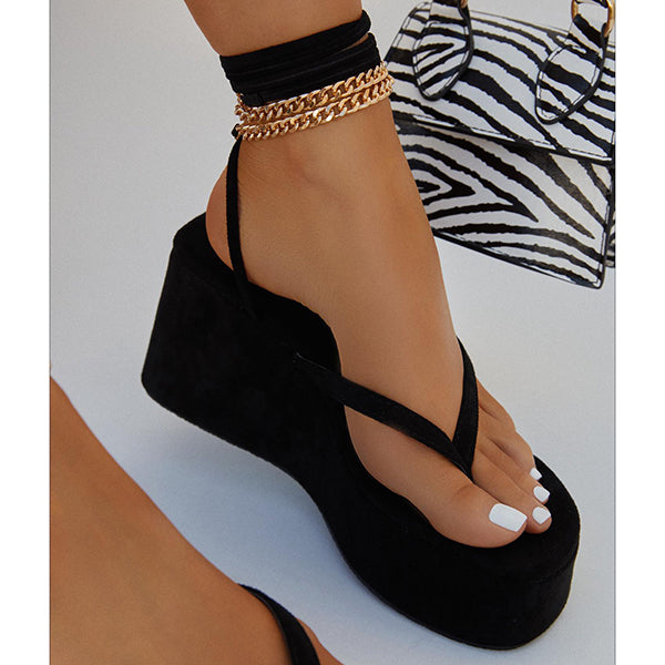 Myquees Ankle Chain Lace-Up Thong Entry Wedge Platform Sandals