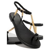 Myqueess Gold-Tone Chain Braided Ankle Strap Toe Loop Sandals