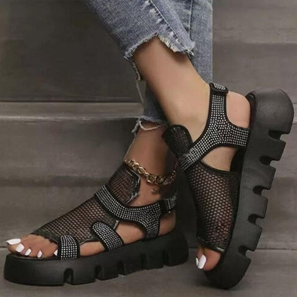 Myquees Rhinestone Hollow-Out Velcro Solid Color Platform Sandals