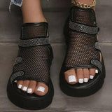 Myquees Rhinestone Hollow-Out Velcro Solid Color Platform Sandals