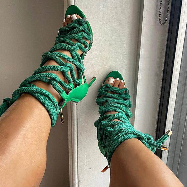 Myquees Stylish Open Toe Lace Up Stiletto Heels
