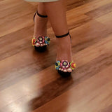 Myquees Colorful 3D Flowers Snake Embossed Ankle Strap Heels