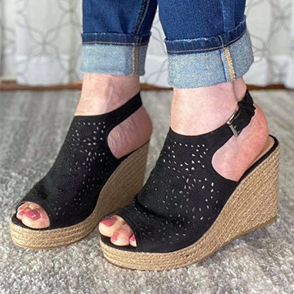 Myquees Cut Out Slingback Peep Toe Wedge Sandals
