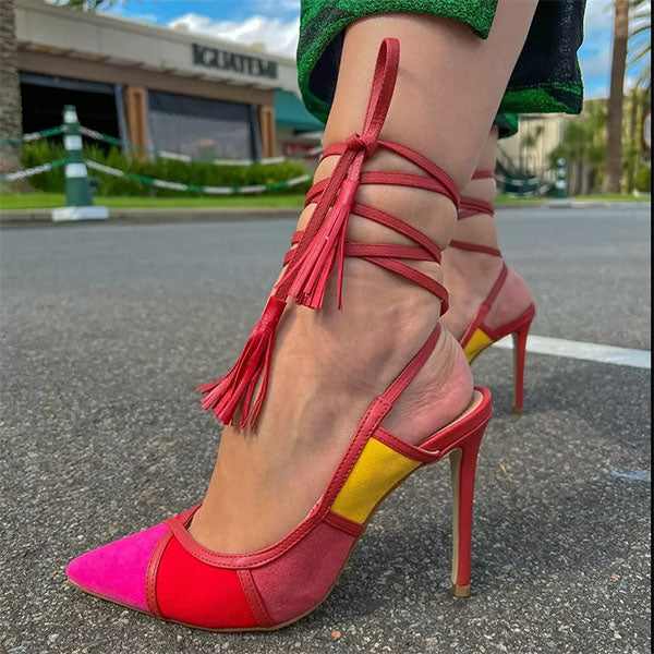 Myquees Patchwork Faux Suede Fringe Lace Up Heels