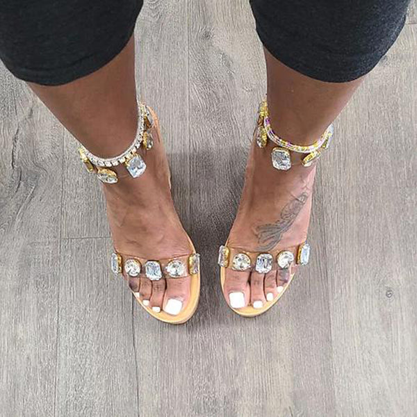 Myquees Gem Clear Strap Buckle Chunky Heels