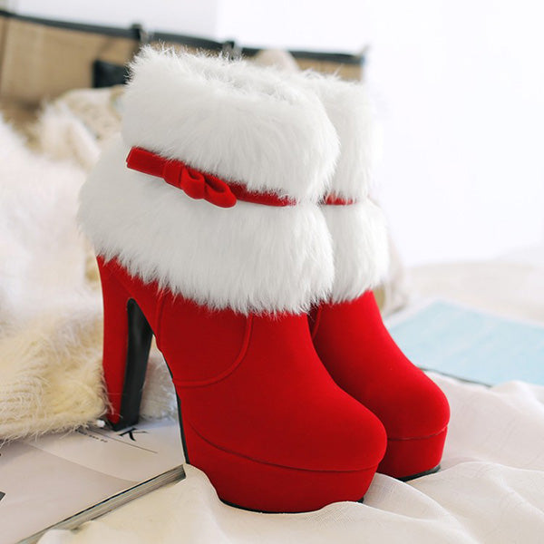 Myquees Christmas High-Heeled Bow Side Zipper Boots