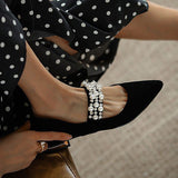 Myquees Retro Pearl Pointed Toe Chunky Heel Flats
