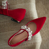Myquees Retro Pearl Pointed Toe Chunky Heel Flats