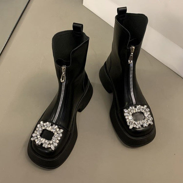 Myquees Thick-Soled Zipper Rhinestone Martin Boots