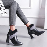 Myquees Pointed Toe Side Zipper Fur Chunky High-Heel Boots
