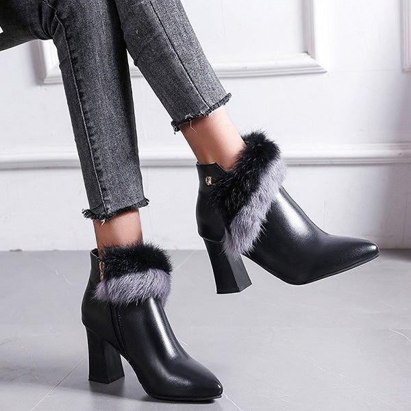 Myquees Pointed Toe Side Zipper Fur Chunky High-Heel Boots