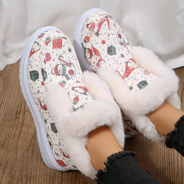 Myquees Winter Cute Print Warm Fur Pull-On Snow Boots