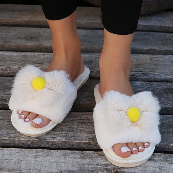 Myquees Round Toe Fur Bownot Flat Slippers