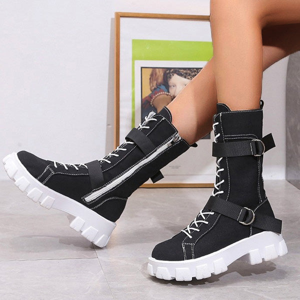 Myquees Canvas High-Top Platform Lace-Up Motorcycle Boots