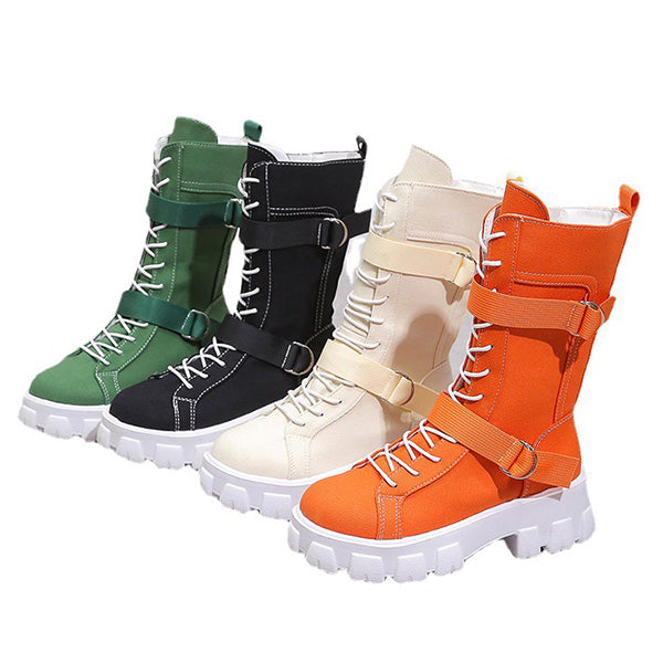 Myquees Canvas High-Top Platform Lace-Up Motorcycle Boots