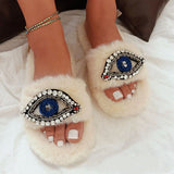 Myquees Rhinestone Eye Decor Faux Fur Comfort Slippers