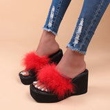 Myquees Square Toe Wedge Platform Fur Slippers