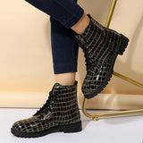 Myquees Fashion Grid Lace-Up Round Toe Thick Soled Martin Boots