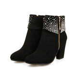Myquees Rhinestone Frosted Chunky Heel Short Boots