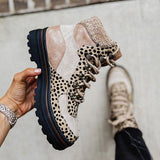 Myquees Leopard Color Block High Top Lace Up Martin Boots