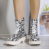 Myquees Lace-Up Front Leopard Round Toe Block Heel Thread Boots