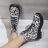 Myquees Lace-Up Front Leopard Round Toe Block Heel Thread Boots