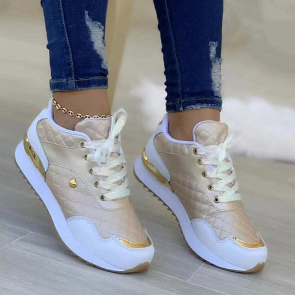Myquees Round Toe Gold Sequin Embellished Lace-Up Sneakers