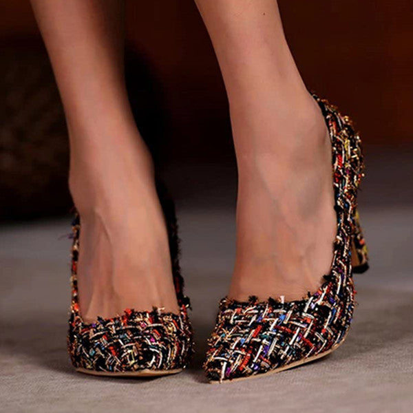 Myquees Multi-Color Pointed Toe Tweed High Stiletto Heels