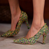 Myquees Multi-Color Pointed Toe Tweed High Stiletto Heels