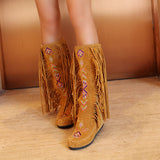 Myquees Ethnic Tassels Floral Embroidery Mid Calf Boots