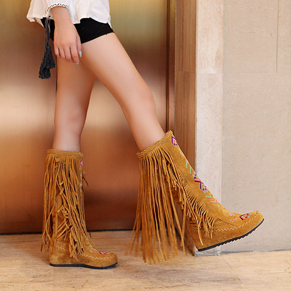 Myquees Ethnic Tassels Floral Embroidery Mid Calf Boots