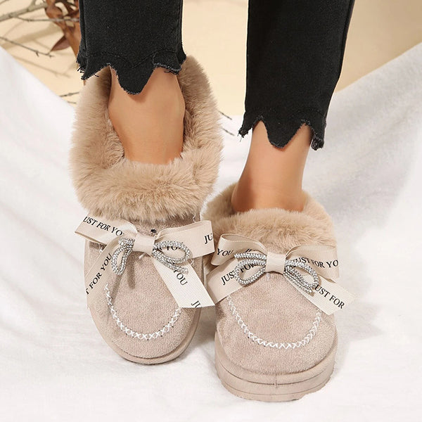 Myquees Rhinestone Bow Decor Faux Suede Snow Boots