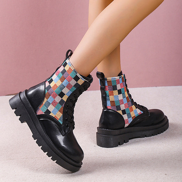 Myquees Colorful Plaid British Style Lace-Up Boots