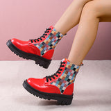 Myquees Colorful Plaid British Style Lace-Up Boots