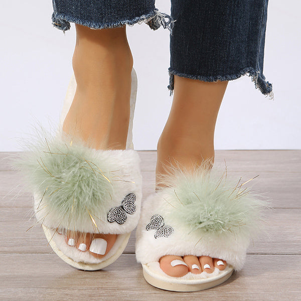 Myquees Rhinestone Embrellished Fluffy Flat Slippers