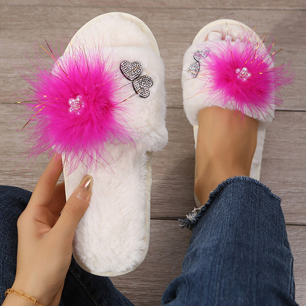 Myquees Rhinestone Embrellished Fluffy Flat Slippers