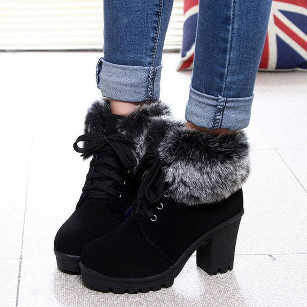 Myquees Winter Warm Fuzzy Lace-Up Block Heeled Boots