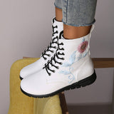 Myquees Round Toe Flower Embroidery Flat Ankle Boots