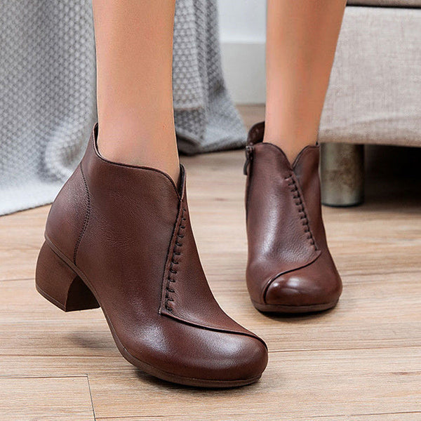 Myquees Round Toe Chunky Heeled Solid Color Ankle Boots
