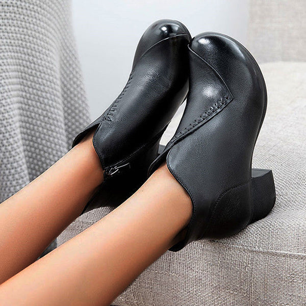Myquees Round Toe Chunky Heeled Solid Color Ankle Boots