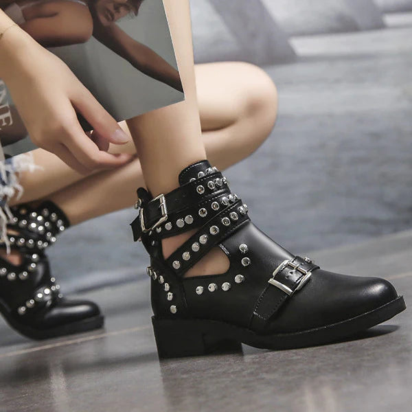 Myquees Studded Cut Out Buckle Strap Chunky Heel Boots