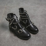 Myquees Studded Cut Out Buckle Strap Chunky Heel Boots