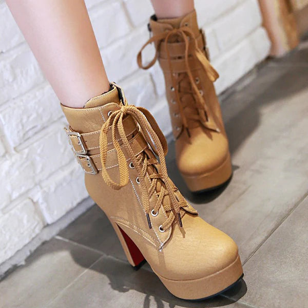 Myquees Stylish Lace Up Thick Heel Ankle Combat Boots