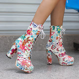 Myquees High Block Heel Floral Bohemian Lace Up Ankle Boots