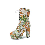 Myquees High Block Heel Floral Bohemian Lace Up Ankle Boots
